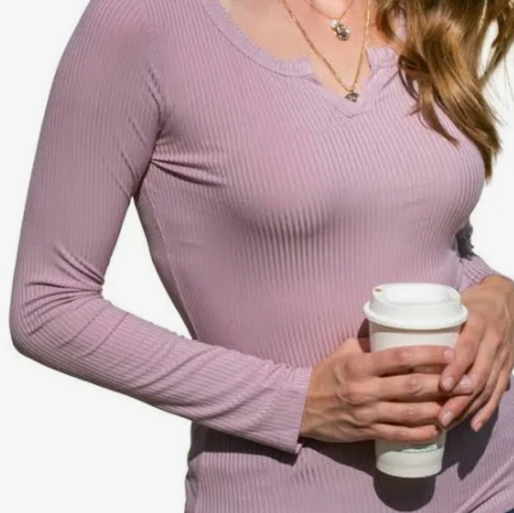 DoubleJu Silky Notched Collar Mauve Long Sleeve Top  2X